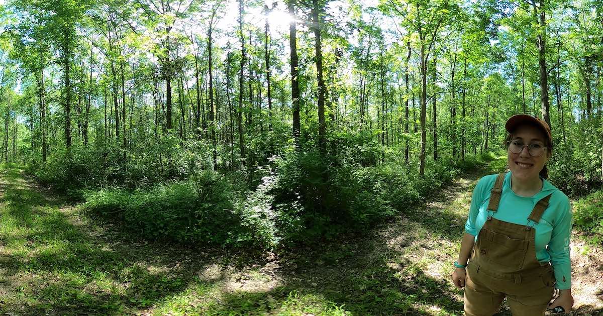 Panoramic photo of Kaitlyn Young in the Woods