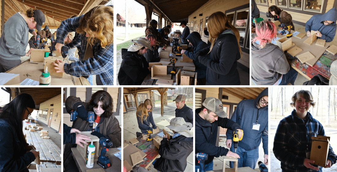 A collage of students building bird houses at the TWS Conclave. Top row (Left to Right): Students drill in the sides of their bird houses; a group of students work at a table together putting together bird houses; a student lines up the sides of his bird house before adding glue. Row 2: A student measures and marks the wood for her bird house; a student drills the front of her bird house into place; Wood research lab manager Charlie Warner watches as a student puts together her bird house; Warner helps a student put together his bird house; Alexis Proudman shows off her finished bird house. 