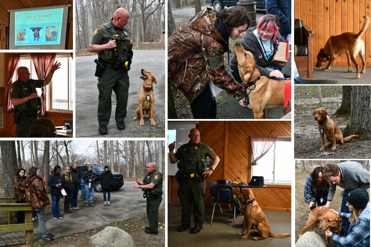 Conservation officer Matthew Tholen gave a presentation on the Indiana Department of Natural Resources K9 program. In this collage, Tholen and K9 officer Branch show off their skills and greet students at the Conclave. 
