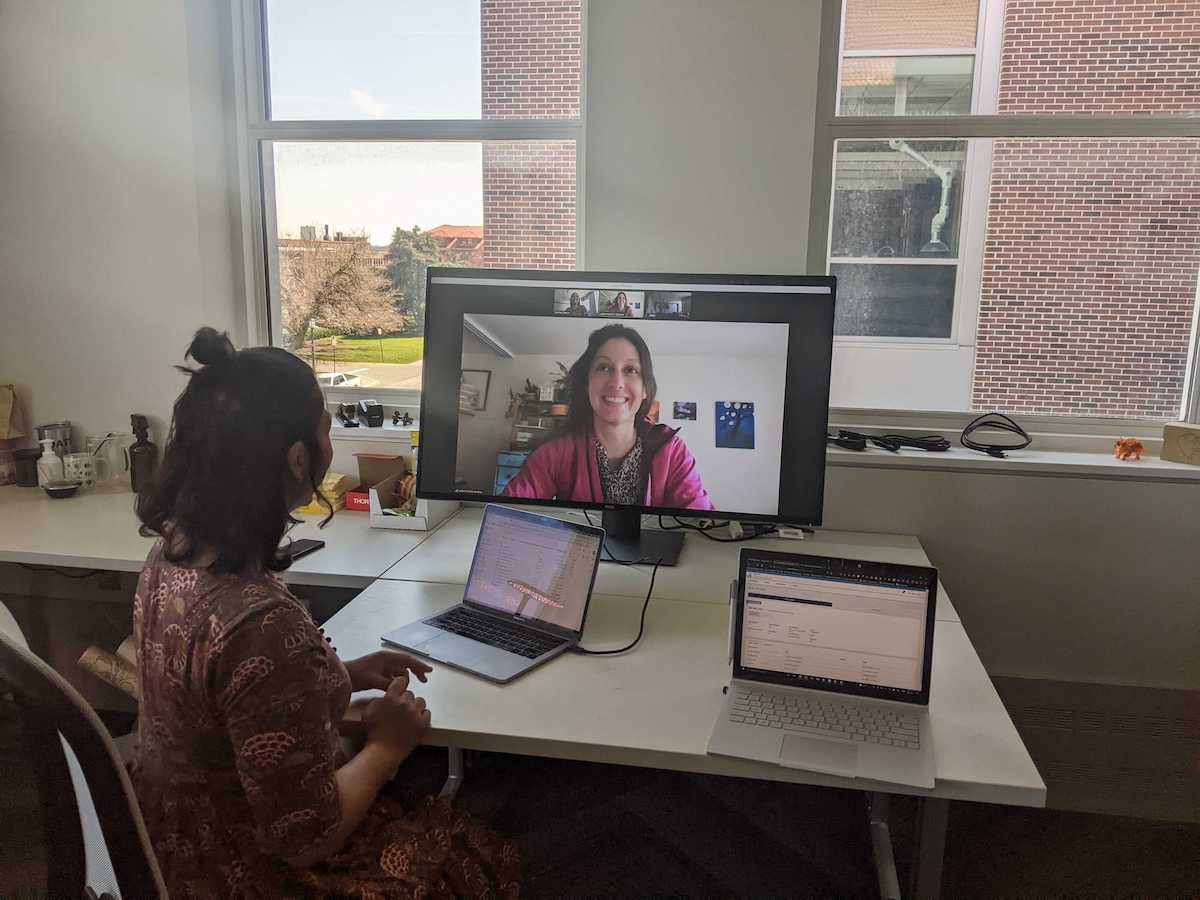female adults chatting on a computer in a video conference 