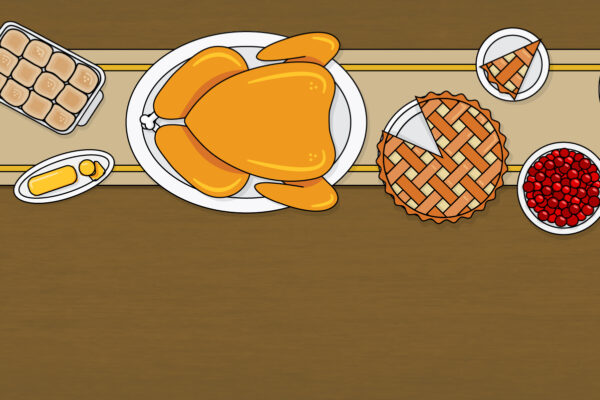 Illustration of Thanksgiving table with various food items