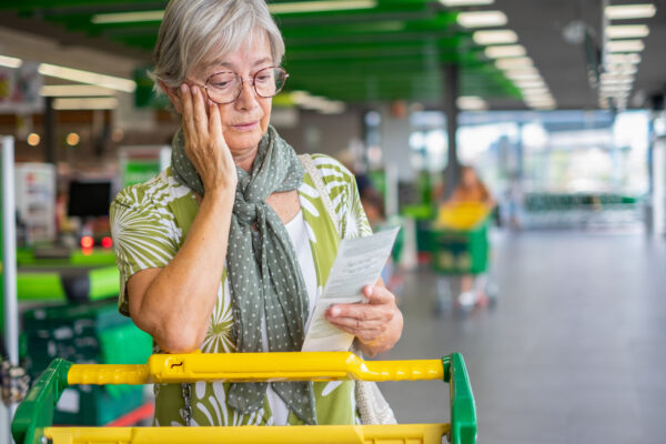 Woman reviewing receipt in the grocery store.