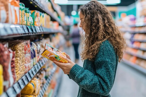 Woman choosing snacks in grocery store surrounded by colorful packaging