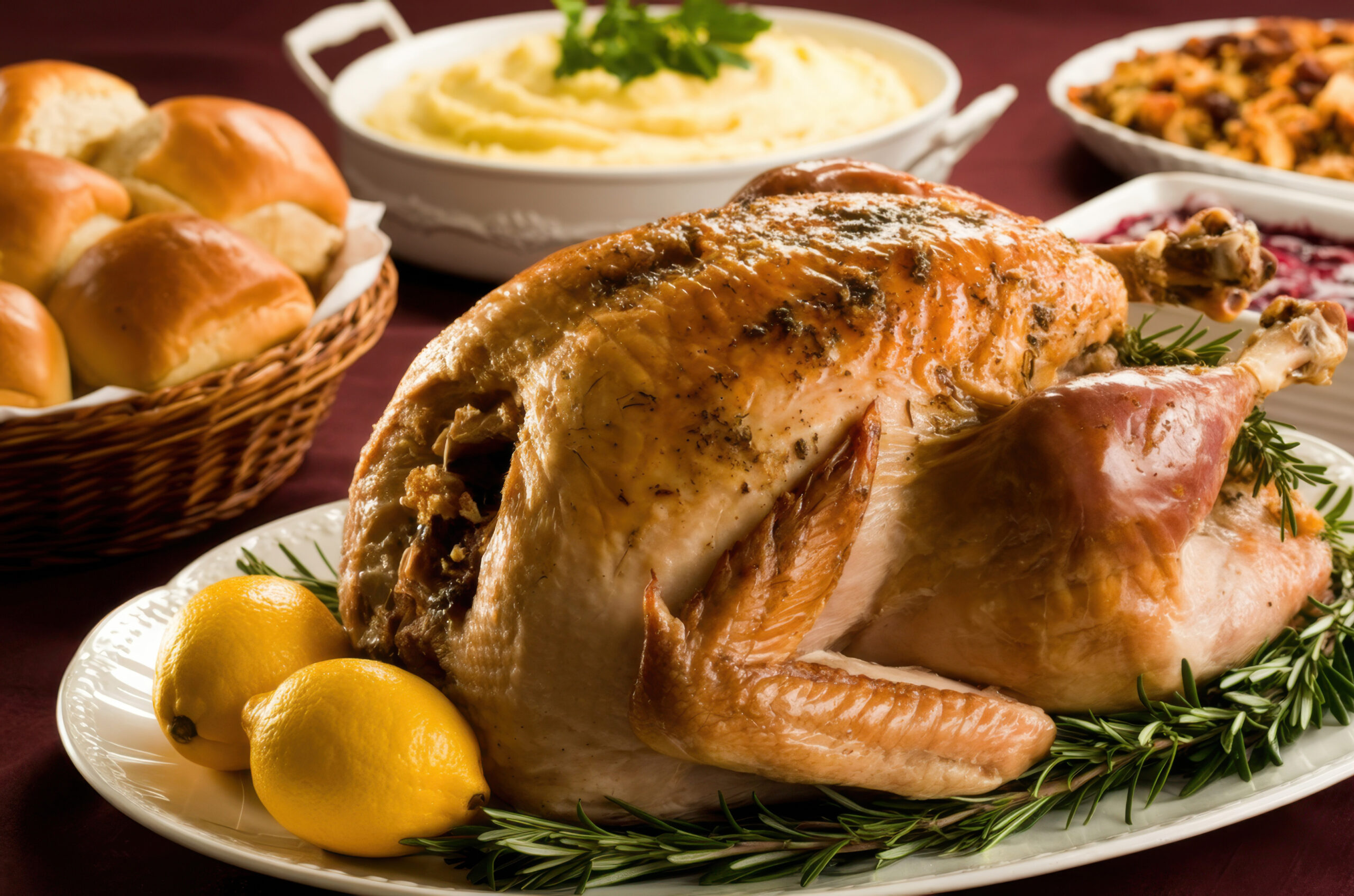 Thanksgiving meal items: turkey, mashed potatoes and rolls.