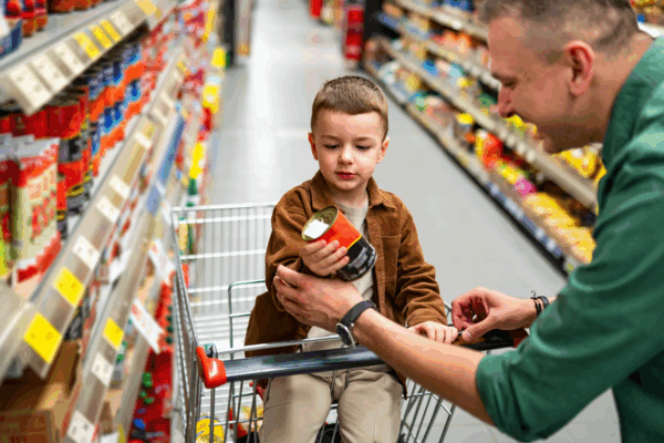 Child sitting in grocery cart seat looking at can of food with father looking on.