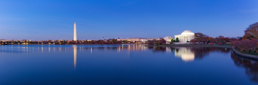 Nighttime photo of Washington DC skyline