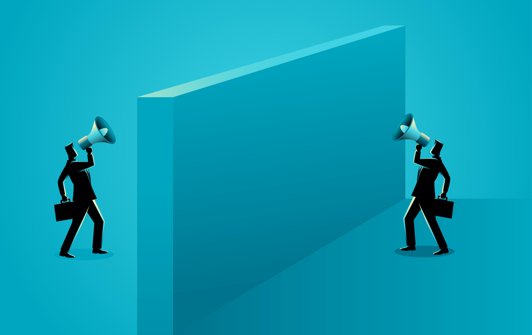Business concept illustration of two businessmen shouting each other with megaphone separated by wall