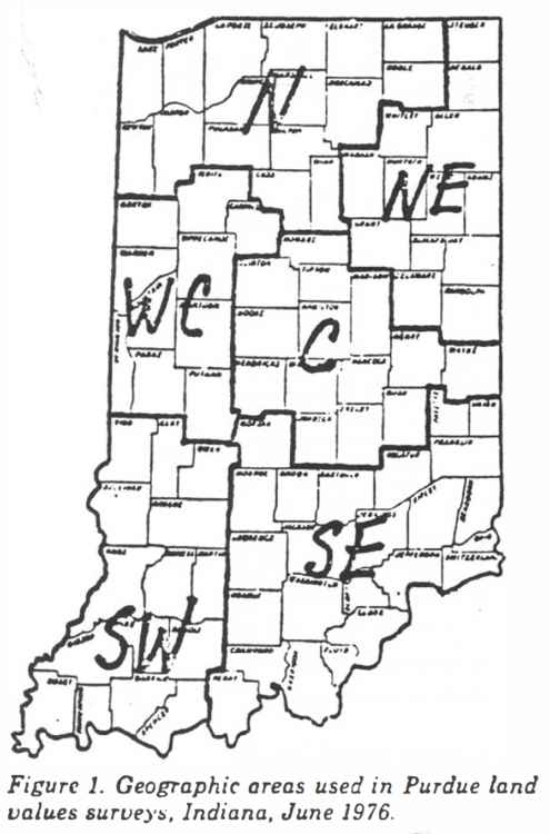 Figure 1. Geographic areas used in Purdue land values surveys, Indiana, June 1976.