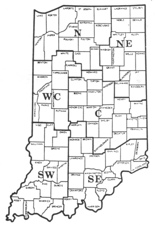 Figure I. Geographic areas used in the 1978 land value survey, Purdue University, July 1978.
