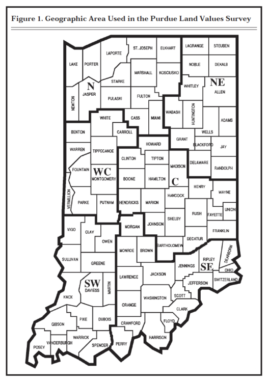 Figure 1. Geographic Area Used in The Purdue Land Values Survey