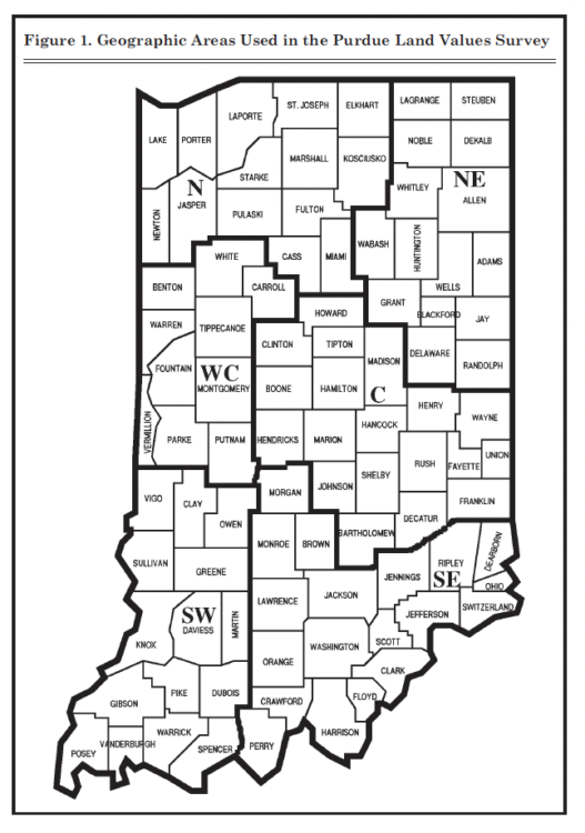 Figure 1. Geographic Areas Used in The Purdue Land Values Survey