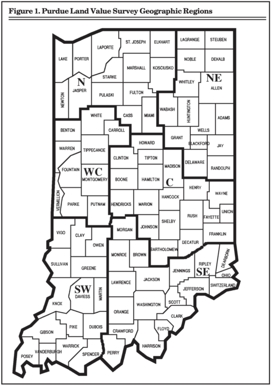 Figure 1.  Purdue Land Value Survey Geographic Regions