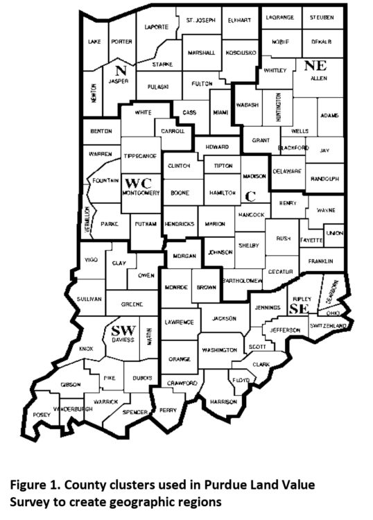 Figure 1. County clusters used in Purdue Land Value Survey to create geographic regions