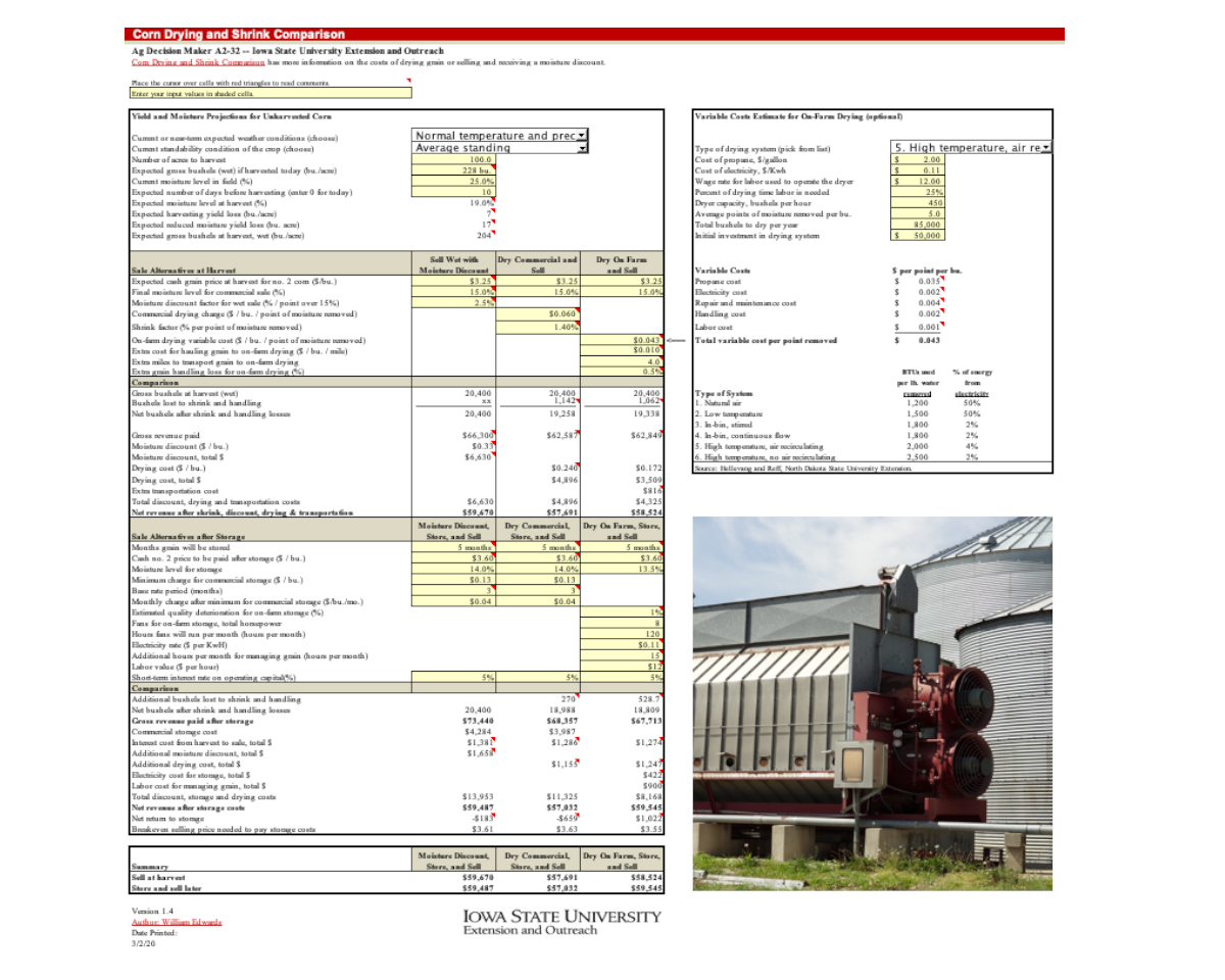Iowa State's Corn Drying and Shrink Comparison decision tool