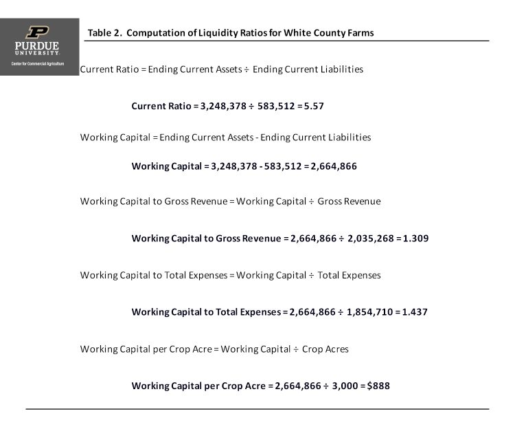 Table 2. Computation of Liquidity Ratios for White County Farms