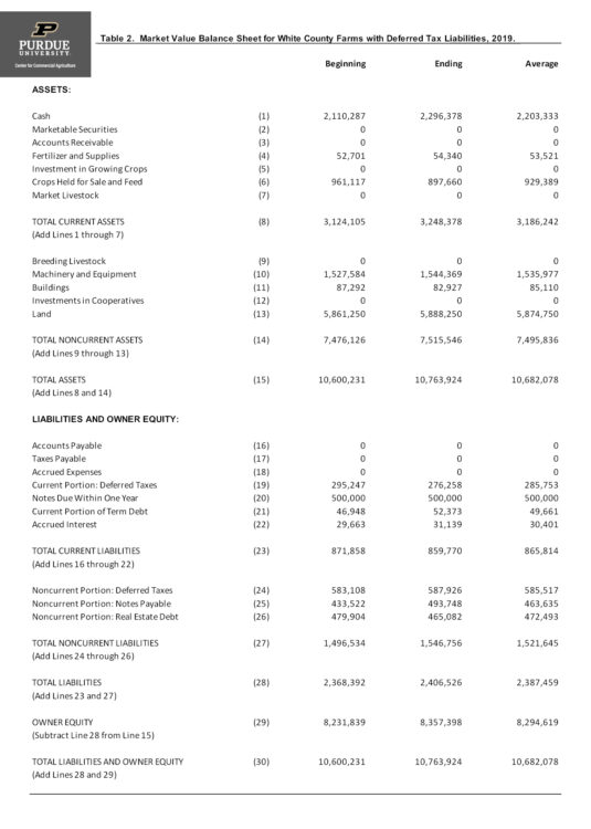 Table 2. Market Value Balance Sheet for White County Farms with Deferred Tax Liabilities, 2019.