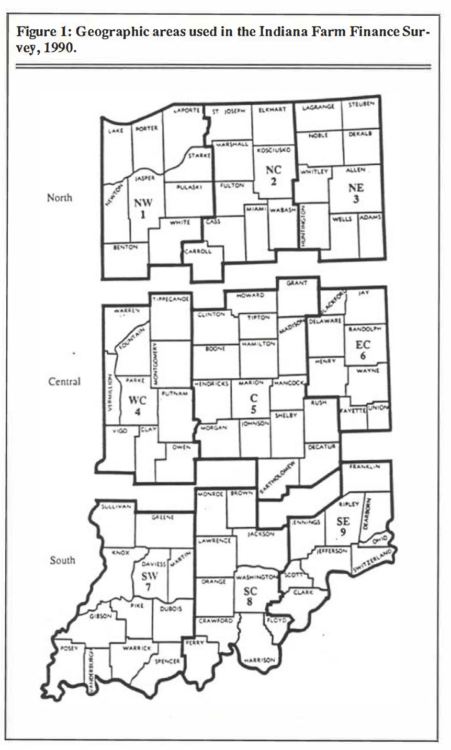 Figure 1: Geographic areas used in the Indiana Farm Finance Survey, 1990.