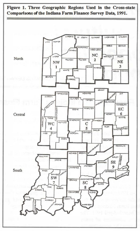 Figure 1. Three Geographic Regions Used In the Cross-state Comparisons or the Indiana Farm Finance Survey Data, 1991.