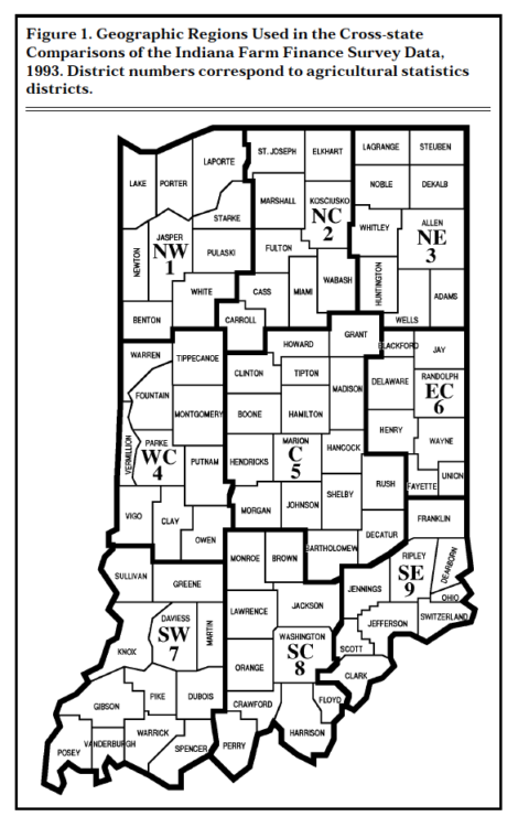 Figure 1. Geographic Regions Used in the Cross-state Comparisons of the Indiana Farm Finance Survey Data, 1993. District numbers correspond to agricultural statistics districts. 