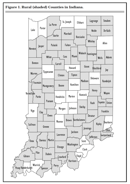 Figure 1. Rural (shaded) Counties in Indiana.