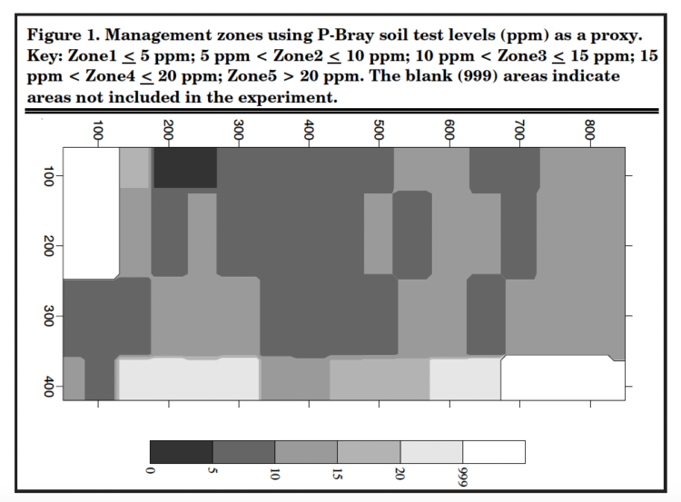  Figure 1. Management zones using P-Bray soil test levels (ppm) as a proxy. 