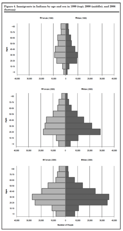 Figure 4. Immigrants in Indiana by age and sex in 1990 (top), 2000 (middle), and 2006 (bottom)