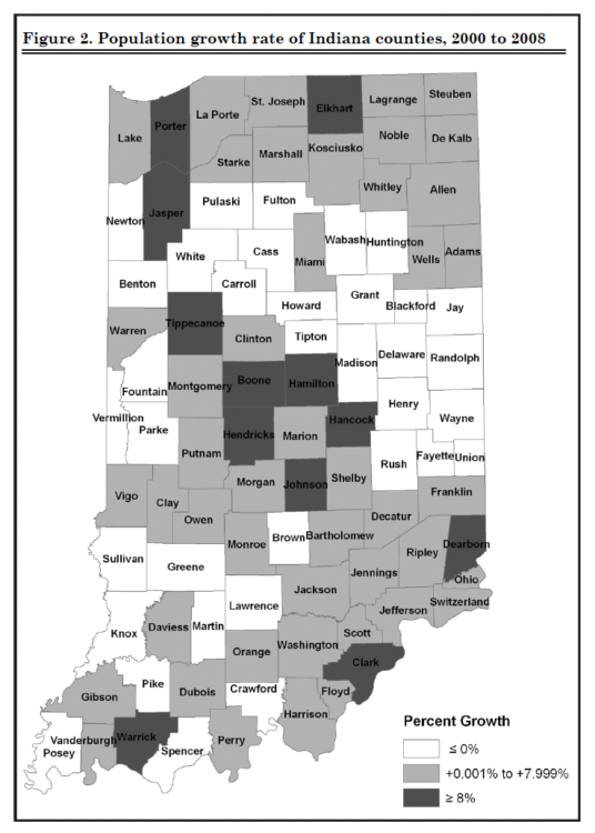 Figure 2. Population growth rate of Indiana counties, 2000 to 2008