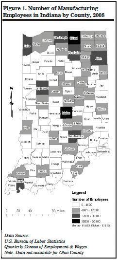 Figure 1. Number of Manufacturing Employees in Indiana by County, 2008