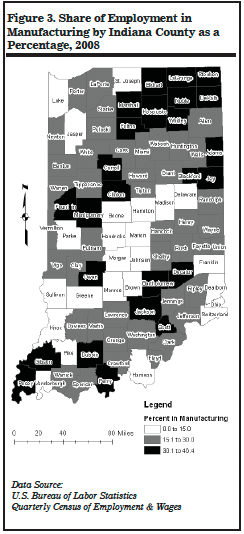 Figure 3. Share of Employment in Manufacturing by Indiana County as a Percentage, 2008 