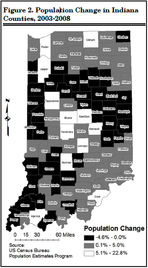  Figure 2. Population Change in Indiana Counties, 2003-2008 