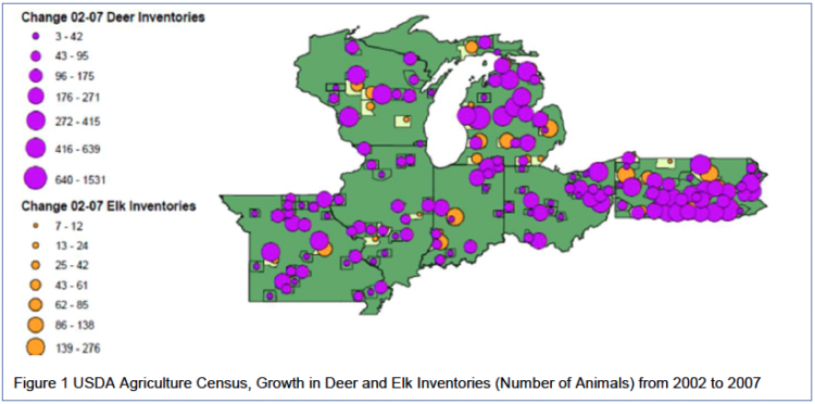 Figure 1. USDA Agriculture Census, Growth in Deer and Elk Inventories (Number of Animals) from 2002 to 2007 