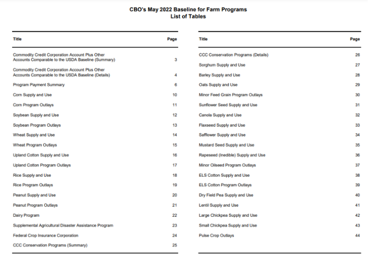 Figure 1. Table of contents example from May 2022 CBO farm bill baseline