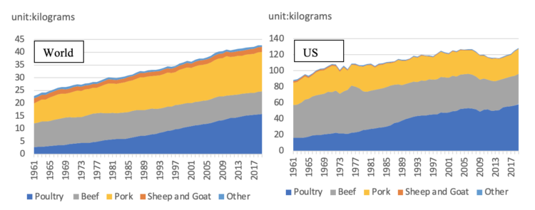 Figure 1: Global and US per capita meat consumption by type, 1961-2019.