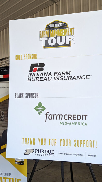 Purdue Farm Management Tour poster with sponsor logos, Indiana Farm Bureau Insurance & Farm Credit Mid-America. Thank you to our sponsors!