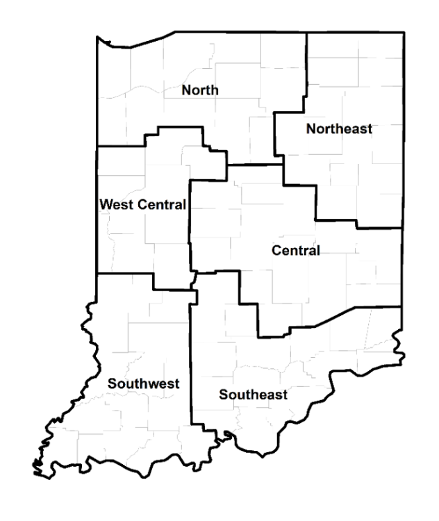 Figure 1: County clusters used in Purdue Land Values survey to create geographic regions