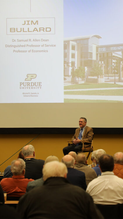 James Bullard dean of the Purdue Business School speaking at the Purdue Top Farmer Conference in January 2024.