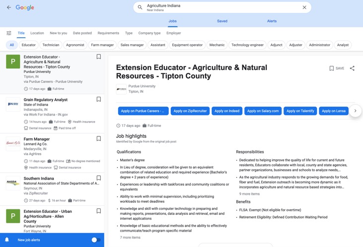 Figure 1. Example Google Jobs search for agricultural jobs in Indiana.
