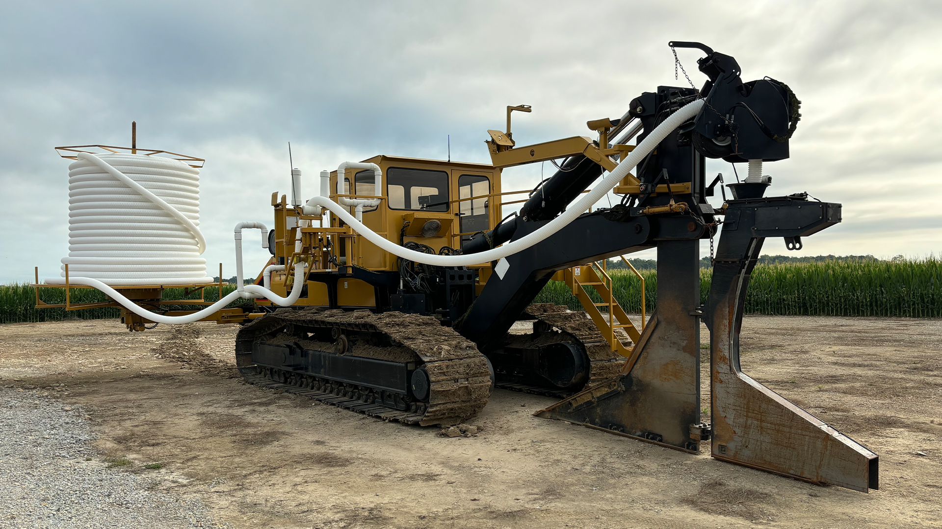 Tile plow at Clements-Miller farm on display during the Purdue Farm Management Tour on July 17, 2024.