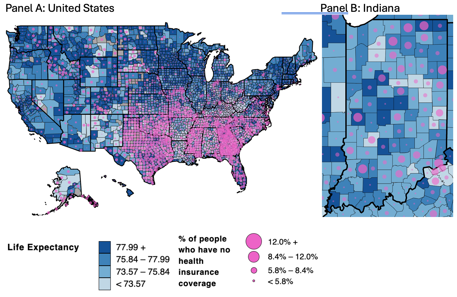 Figure 1: Life Expectancy and Share of Uninsured in the U.S. (Panel A) and Indiana (Panel B)