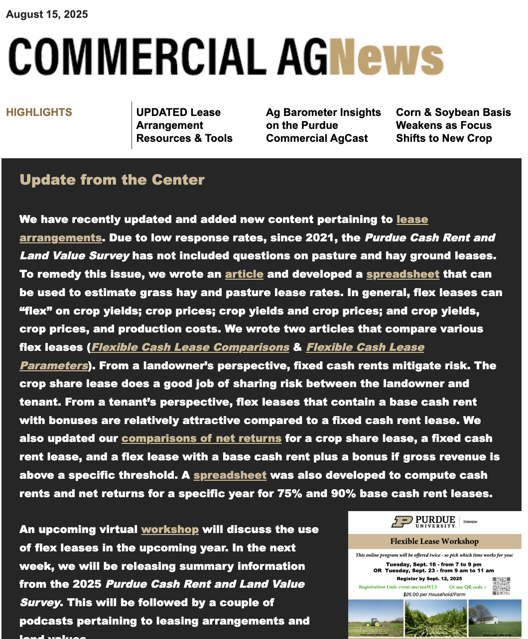 Commercial Ag News preview of the newsletter from August 15, 2025