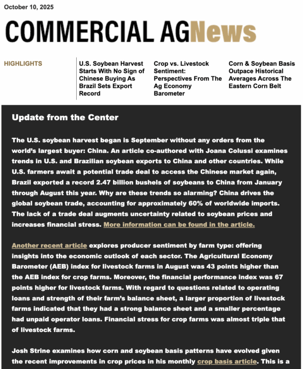 Commercial Ag News preview of the newsletter from October 10, 2025