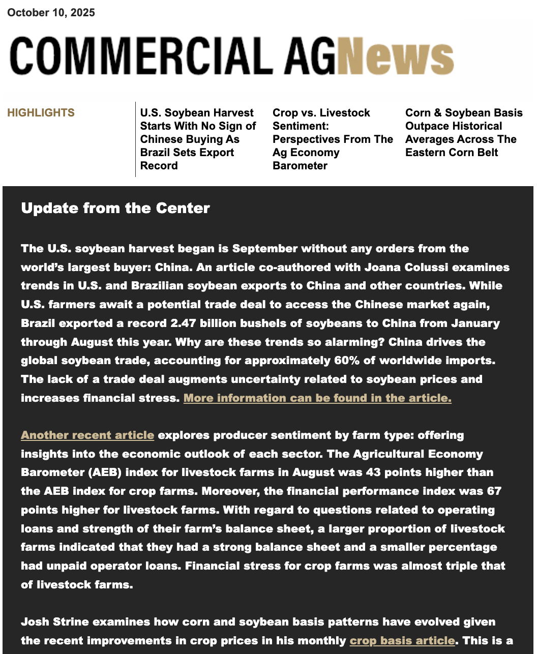 Commercial Ag News preview of the newsletter from October 10, 2025