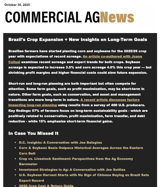Commercial Ag News preview of the newsletter from October 30, 2025