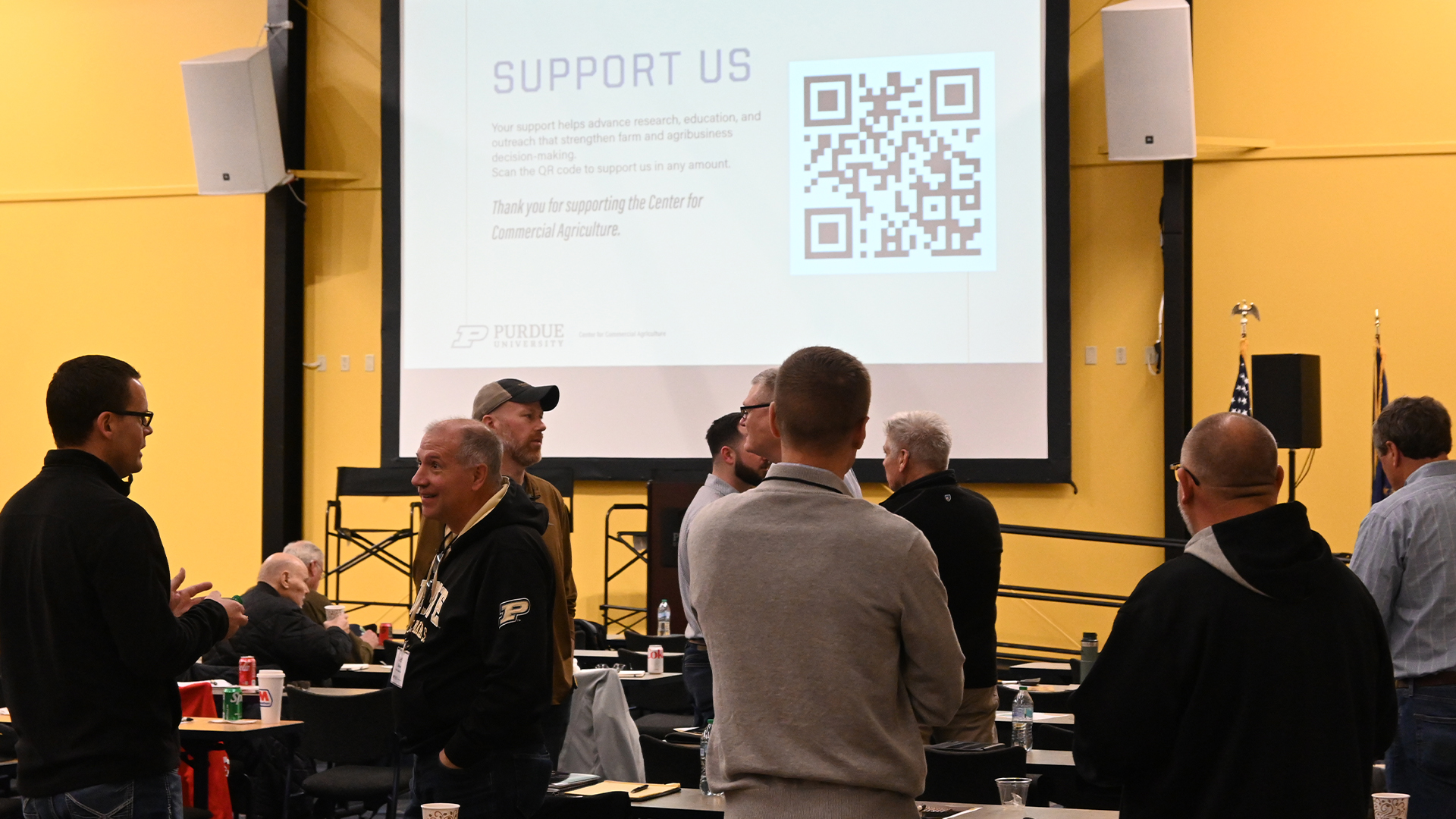 In-person participants catch up and discuss during breaks at the Purdue Top Farmer Conference on January 9, 2026.