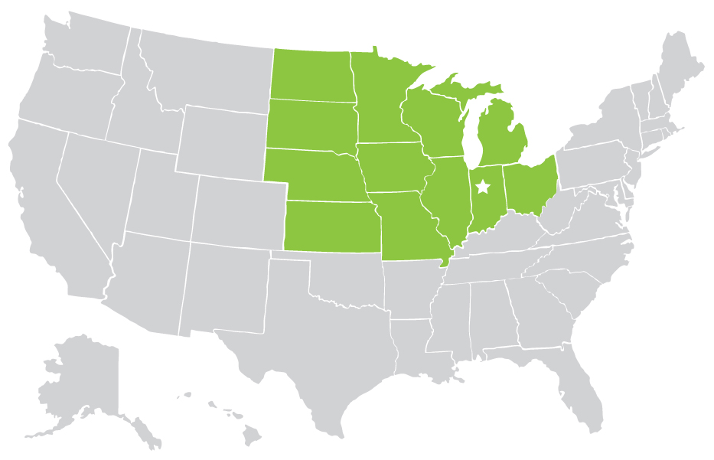 Figure 1 is a map of the United States with the North Central Region represented in this article shaded in green. 