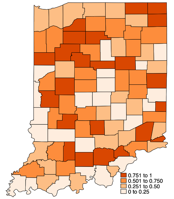 Figure two is a map of Indiana that reflects the caring stress index change from 2013 to 2023, and the changes are highlighted in different shades of orange to match the change amount. 