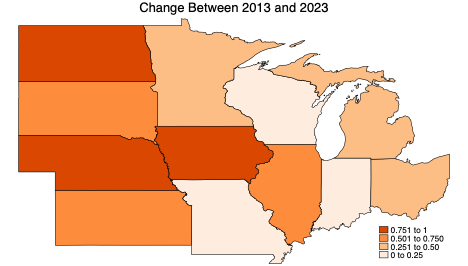 Figure four depicts changes in the caring stress index between 2013 and 2023 in the north-central region in which states are highlighted in shades of orange to reflect the changing in caring stress index levels.
