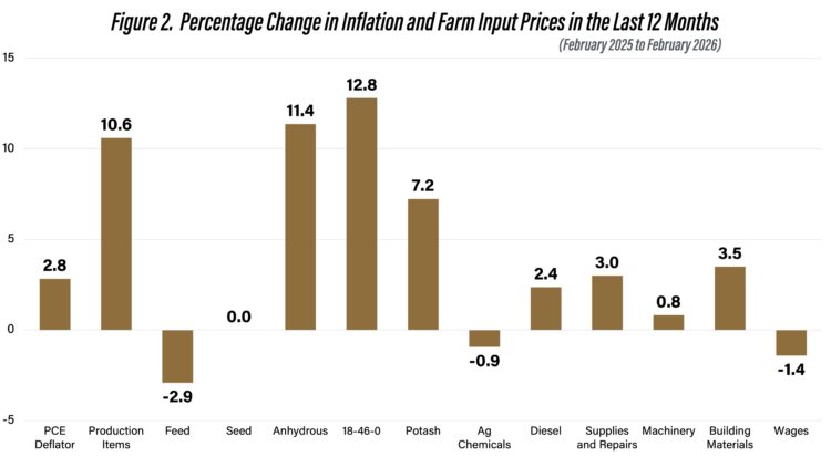Figure 2. Percentage Change in Inflation and Farm Input Prices in the Last 12 Months, February 2025-2026.