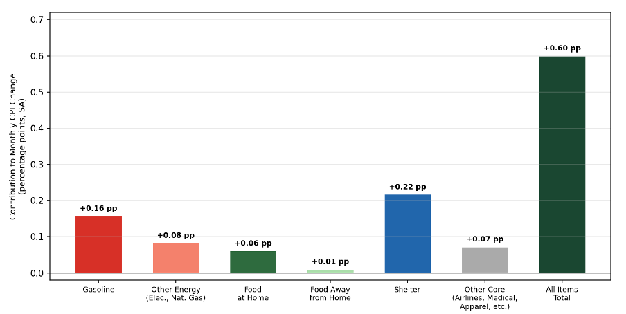 Bar chart showing the contribution of seven categories to the April 2026 monthly CPI increase of 0.6 percent. Gasoline contributes the largest share at plus 0.20 percentage points, shown in red. Shelter contributes plus 0.22 percentage points, shown in blue. Other energy contributes plus 0.04 percentage points in light red. Food at home contributes plus 0.06 percentage points in dark green. Food away from home contributes plus 0.01 percentage points in light green. Other core categories contribute plus 0.07 percentage points in gray. The All Items Total bar at the far right shows the combined 0.60 percentage point increase in dark green. Energy and shelter together account for over 75 percent of the total monthly increase.