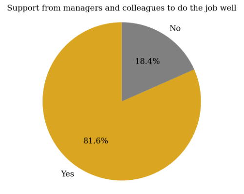 Pie chart showing support from managers and colleagues to do job well, with 81.6% responding Yes in gold and 18.4% responding No in gray. Chart highlights majority receiving workplace support, emphasizing positive work environment.